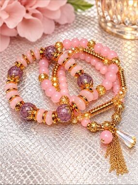 FRIENDSHIP BRACELETS 4 Strands Tan Crystal and Pink Stone Stretchy TAYLOR SWIFT